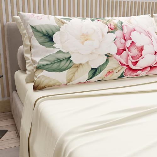 PETTI Artigiani Italiani - Cotton Sheets with Pillowcases in Digital Print, Double Bed Sheet, Queen Size Bed Set, Sofia Cream, 100% Made in Italy