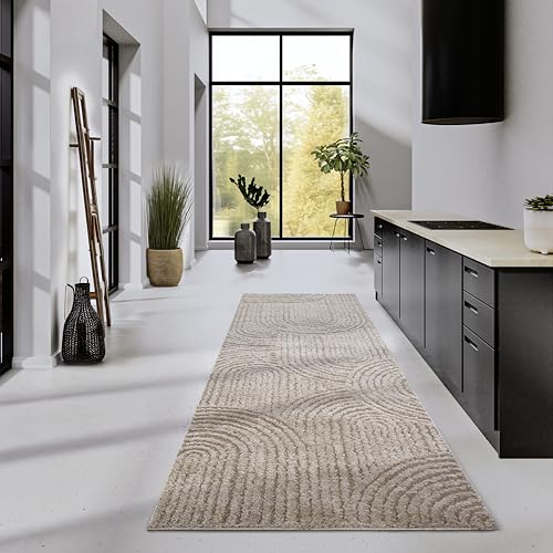Elle Decor ation High Pile Rug Chappe - Modern Living Room Rug Runner, Long Pile Shaggy, Modern Pattern, Fluffy Soft Boho for Living Room, Bedroom - Beige, 80 x 240 cm
