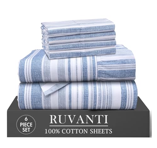 "Ruvanti 6 Pcs Cotton Sheets - 100% Natural Cotton Soft, Lightweight & Breathable Crispy Percale Bed Sheets, Queen Sheet Set 16"" Deep Pockets, Naval Blue"
