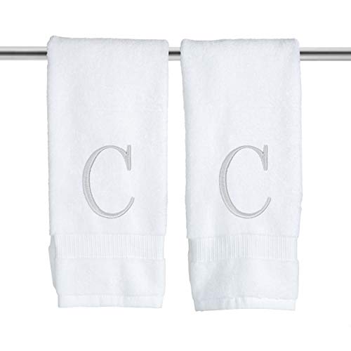 White with Silver Monogrammed Hand Towels for Bathroom - Set of 2 Letter C - Luxury Hotel Quality Initial Towels For Powder Room, Spa, GOTS Organic Certified