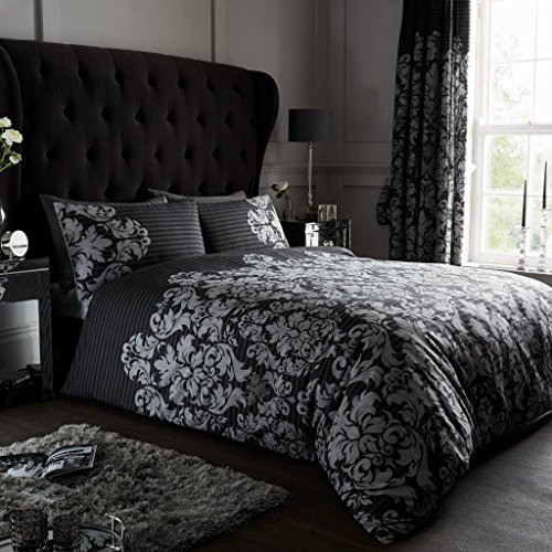 GC GAVENO CAVAILIA Empire Damask Double Duvet Set Black Reversible Easy Care Cotton Blend 3 Piece Bedding - 1 Quilt Cover + 2 Pillow Cases - Button Closure - Machine Washable