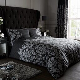 GC GAVENO CAVAILIA Empire Damask Double Duvet Set Black Reversible Easy Care Cotton Blend 3 Piece Bedding - 1 Quilt Cover + 2 Pillow Cases - Button Closure - Machine Washable
