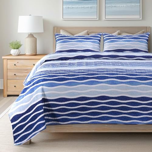 SLPR - Blue Wave Coastal Quilt Set, Nautical Bedding, Twin with 1 Sham - Beach House Comforter Set, Summer Ocean Waves Quilted Bedspread, Beachy Themed Bedding, Nautical Wave Design