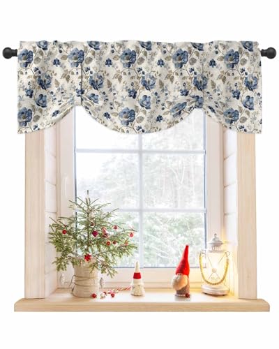 AMZRicher Blue Gray Spring Floral Tie Up Valance for Window, Vintage Botanical Adjustable Balloon Window Shade Valance Curtain for Kitchen Cafe Bathroom Window Treatment Panel 42''x18''