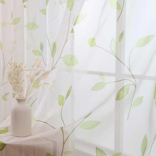 L.Z.E Leaf Sheer Curtains for Living Room 63 Inch Length, Spring Green Plant Pattern Elegant White Natural Curtains & Drapes for Bedroom Dining Room, Window Treatment Grommet Top, 2 Panels Set