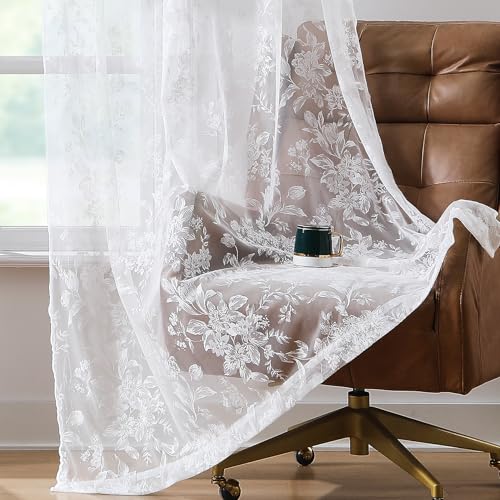 "Treatmentex Floral White Lace Curtains 63 inch Length, French Rose Embroidered Sheer Curtains for Living Room Bedroom, Light Filtering Lace Window Drapes Rod Pocket 54"" w 2Panels"
