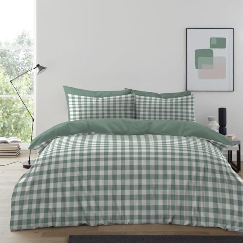 GC GAVENO CAVAILIA Gingham Check Double Duvet Set - Microfiber Tartan Check Bedding Double Bed Set With Pillow Cases - Hypoallergenic & Machine Washable Reversible Quilt Covers Bed Set, Sage Green
