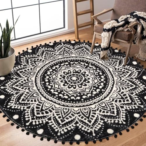 Uphome Boho Round Rug for Living Room 4' Circular Black Mandala Area Rug with Pom Poms Fringe Washable Cute Bohemian Accent Throw Rugs Non-Slip Soft Floor Mat for Bedroom Sofa Kids Room Nursery