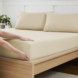 King Size Fitted Sheet Only with Full Elastic & Built in Corner Sheet Straps to Prevent Shifting - Soft & Breathable Brushed Microfiber Bottom Sheet, King, Beige/Cream