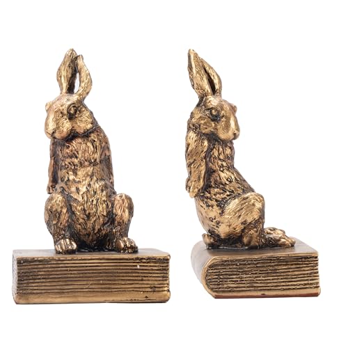 Book Ends for Shelves to Hold Books Hevay Duty,Decorative Bookends for Bookshelf D??cor,Cute Animal Rabbit Book Stopper Easter Bunny Statues for Home, Office Desk, Living Room Decoration,1 Pair (Gold)