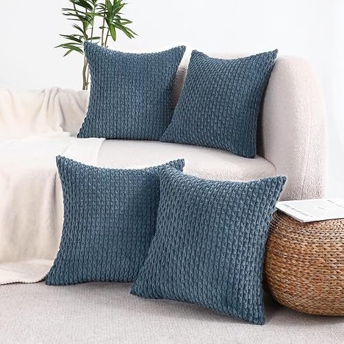 VAKADO Dark Blue Decorative Couch Throw Pillow Covers 16x16 Set of 4 Corduroy Home Living Room Farmhouse Rustic Cushion Case Decor Neutral Boho Square for Bed Sofa