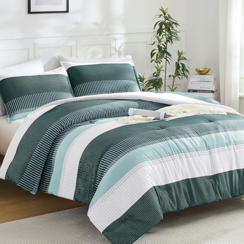 Litanika Dark Emerald Green California King Comforter Set - 3 Pieces Cal King Oversized Lightweight Summer Colorblock Stripe Bedding Set (104x96In, 2 Pillowcases)