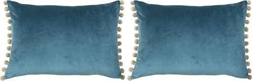 Paoletti Fiesta Rectangular Cushion Cover – Faux Velvet with Pompom Edges (Duck Egg/Natural – 35 x 50cm) (Pack of 2)