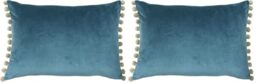 Paoletti Fiesta Rectangular Cushion Cover – Faux Velvet with Pompom Edges (Duck Egg/Natural – 35 x 50cm) (Pack of 2)