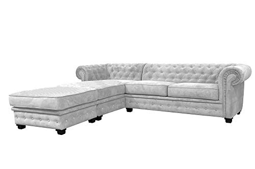 Chesterfield Style Corner Sofa Set 3+2 Seater Armchair Light Grey Fabric (Left Hand Corner With Footstool)