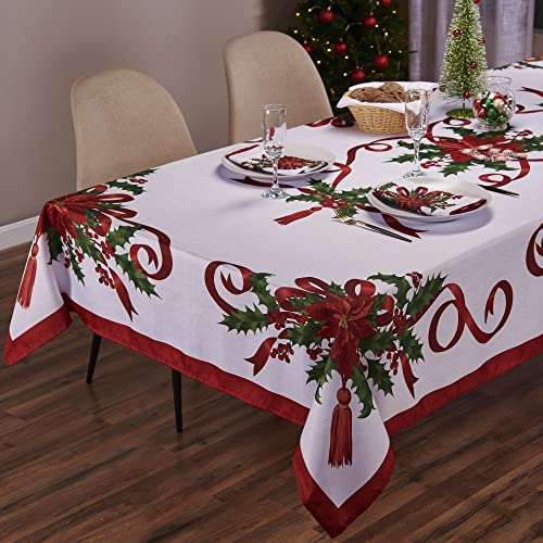 Kadut Christmas Ribbon Tablecloth (60 x 84 Inch) for 5 Foot Rectangle Tables, Heavy Duty Fabric, Stain Proof Xmas Ribbon Table Cloth for Harvest, Holiday, and Fall, & Christmas Dinner.
