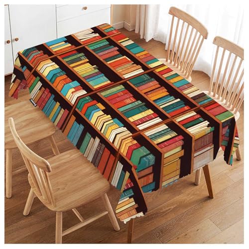 Swono Book Shelf Tablecloth Retro Bookshelf Literature Books Rectangle Table Cloth Washable Plaid Table Cover for Kitchen Holiday Dinner, 52x 70 Inch Tablecloth