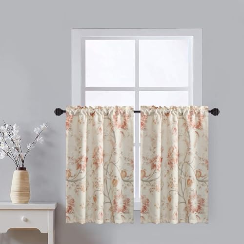 Leeva Kitchen Tier Curtains for Windows, Watercolor Plant Pattern Rustic Design Thermal Insulated Small Window Curtains for Dining Room, One Set of 2 Pics, 30 x 36