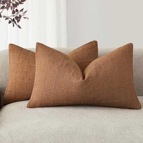 Foindtower Set of 2 Decorative Linen Check Throw Pillow Covers Neutral Farmhouse Lumbar Cushion Covers Modern Boho Home Decor for Sofa Chair Couch Bedroom Living Room,12??20 Inch,Orange