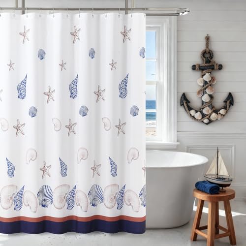 "DS BATH Coastal Seashell Shower Curtain for Bathroom, Beach Navy Blue White Starfish Fabric Shower Curtain, Waterproof Ocean Sea Nautical Theme Decorative Bathroom Curtains, 72"" W x 72"" H"