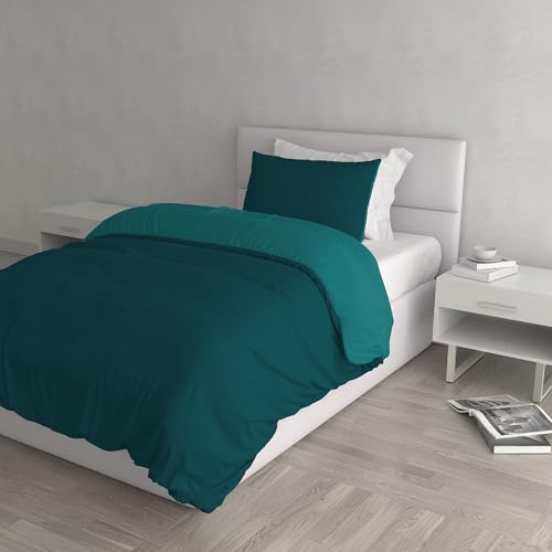Italian Bed Linen Natural Color Duvet Cover Set with Doubleface Solid Colour Bag Sheet and Pillowcase, 100% Cotton, Petrol Bottle Green, single