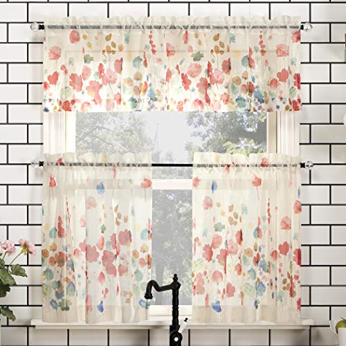 "No. 918 Rosalind Floral Watercolor Semi-Sheer Rod Pocket Kitchen Curtain Valance and Tiers Set, 54"" x 36"" 3-Piece, Poppy Red"