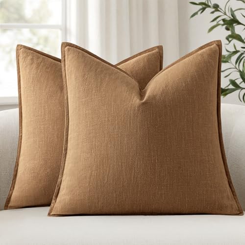 ANRODUO Pack of 2 Decorative Linen Pillow Covers Brown Euro Sham Neutral Farmhouse Boho Soild Cushion Case Soft Accent Pillowcase for Couch Sofa Bedroom Living Room Home Decor 24 x 24 Inch