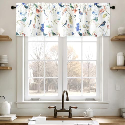 Leeva Country Kitchen Bird Curtains, Linen Textured Blue Curtain for Windows, Light Filtering Small Window Valance for Cafe Laundry Room, 60 x14, 1 Piece, Rod Pocket