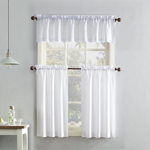 "No. 918 Martine Microfiber Semi-Sheer Rod Pocket Kitchen Curtain Valance and Tiers Set, 54"" x 36"", White"