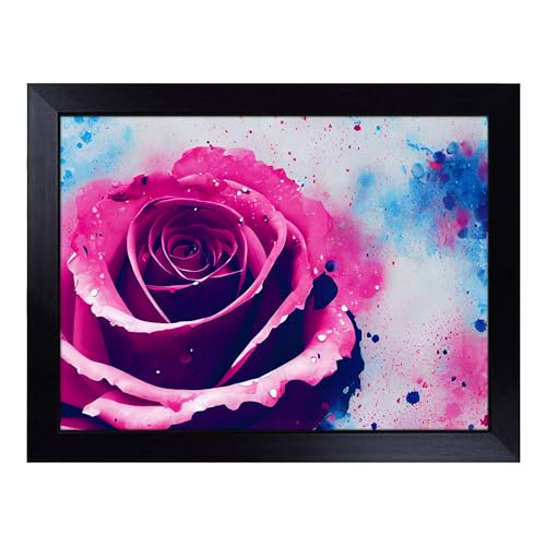 Lap Tray with Bean Bag Cushion, Rose Flower Splash Abstract - Handmade in the UK, Raised Wooden Edge, Padded Cushion, Heat-Resistant Wipe-Clean Surface, for Meals, Laptops and Crafts
