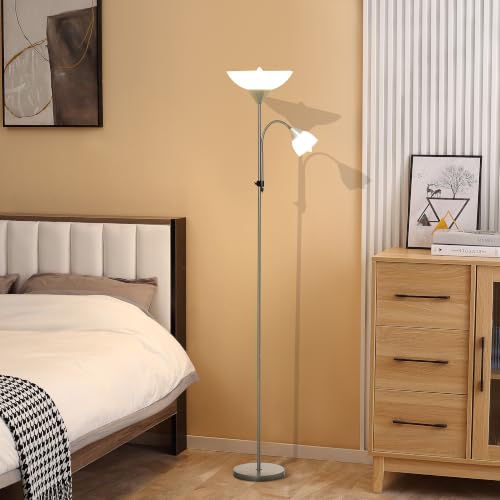 HOMCOM LED Floor Lamp, 180cm Tall Uplighter Standard Lamp Silver Tone - Mother and Child Design, Adjustable Gooseneck, 3000K/4500K/6500K Colour Temperatures