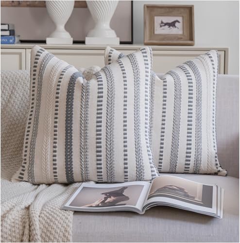 Cethom Grey Boho Throw Pillow Covers 22x22 Inch Set of 2, Stripe Textured Decorative Couch Pillow Cases for Bed, Sofa, Living Room, Bedroom, Farmhouse Home Accent Cushion Covers