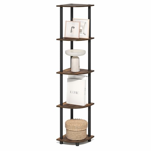 Furinno TURN-N-TUBE Corner Shelf, 5-Tier Corner Bookshelf, Open Storage Shelves, for Organization and Storage, Living Room, Home Office, Garage, Bedroom, Amber Oak
