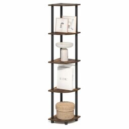 Furinno TURN-N-TUBE Corner Shelf, 5-Tier Corner Bookshelf, Open Storage Shelves, for Organization and Storage, Living Room, Home Office, Garage, Bedroom, Amber Oak