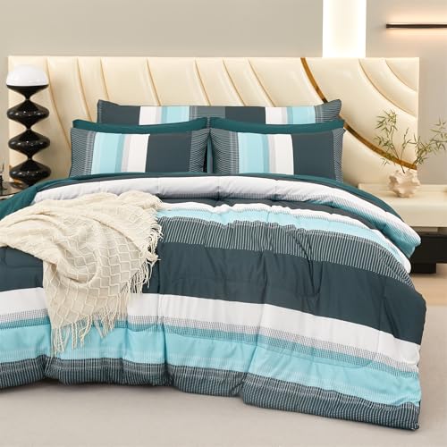RYNGHIPY Emerald Green Colorblock Bedding Set: 8 Pieces Lightweight Fluffy Comforter Bed Covers Bedding Sets - Soft Microfiber Bed Set for All Seasons (Queen,Emerald Green)