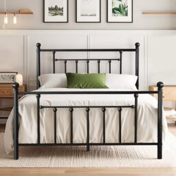 VECELO 4ft6 Double Bed Frame, 135 x 190 cm Metal Platform with High Victorian Headboard and Footboard, Heavy Duty Steel Slat Support, Underbed Storage Space, Noise Free, Easy Assembly, Black
