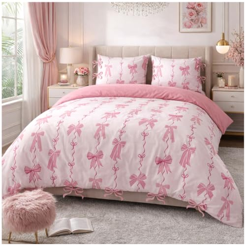 GC GAVENO CAVAILIA Bows Duvet Cover Single With Pillow Case, Pink - Breathable, Washable Super Soft Single Duvet Cover Set - 2 Piece Bedding Set Reversible Quilt Cover Button Closure, 135x200cm