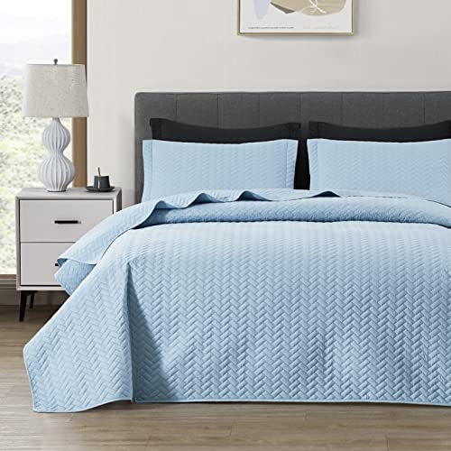 Maple&Stone Quilt Set King Size, Lightweight Light Blue Bedspread Ultrasonic Chevron Pattern Light Coverlet for All Season Comforter Bedding Decor - 3 Piece King Bed Cover Sets