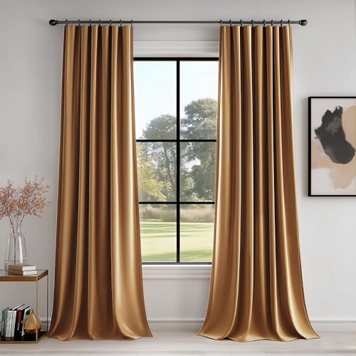 FMFUNCTEX Velvet Blackout Curtains Gold Brown Thermal Insulated Curtains for Bedroom Living Room Darkening Curtains 84 Inches Long Soft Luxury Heavy Rod Pocket Brown Drapes Dining Room 2 Panels Set