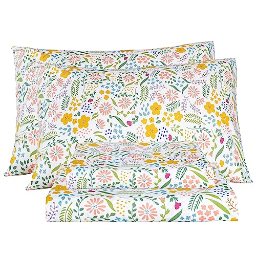 Bedlifes King Sheet Set Ultra Soft, Breathable, Silky Flower Deep Pocket 100% Microfiber Bedding, 4 Piece King Size Floral