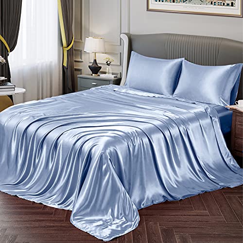 Vonty Satin Cal King Baby Blue Sheets, Fitted + Flat + 2 Pillowcases - Silky Satin Protects Hair, Reduces Facial Wrinkles, Deep Pocket Up To 15 Inch, Machine Washable, Year-Round Comfort