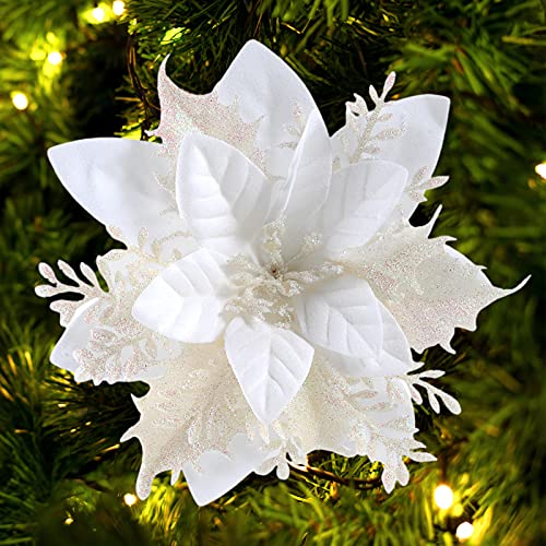 FurRain Poinsettia Artificial Christmas Flowers Decorations Glitter Xmas Flowers Christmas Picks Tree Wreaths New Year Wedding Party Ornaments (White)