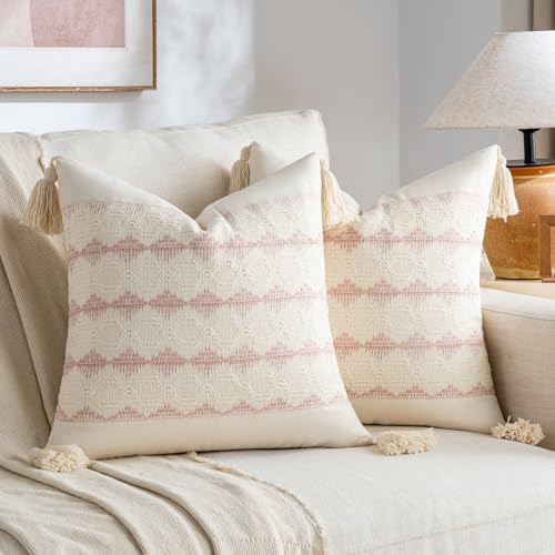 Fancy Homi Set of 2 Boho Pink Decorative Throw Pillow Cover 18x18 Inch for Couch Bed Sofa, Aesthetic Modern Organic Farmhouse Home Decor, Soft Cotton Accent Macrame Woven Cushion Case with Tassels