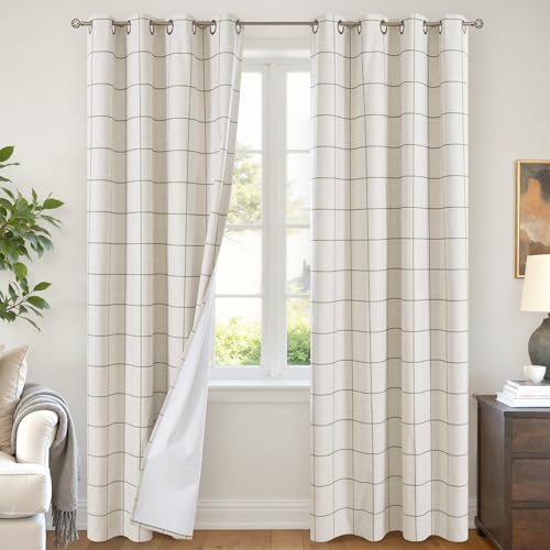Lajode Plaid Curtains 84 Inches Long - Boho Linen Blackout Curtains for Living Room, Gingham Printed Drapes for Bedroom Striped Patterned Thermal Farmhouse Cortinas 52x84 Inch 2 Panels, Dark Green