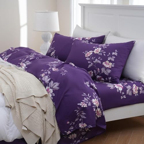 MEISHANG King Sheet Set - Ultra Soft Floral Sheets 100% Microfiber,1800 Thread Count Floral Bed Sheets Oeko-Tex Certificated - 4 Pieces - Purple Flower