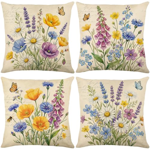 wyooxoo Throw Pillow Covers 18x18 Set of 4 Spring Pillow Covers Linen Flower Farmhouse Cushion Case for Sofa Couch Living Room Outdoor Home Decor
