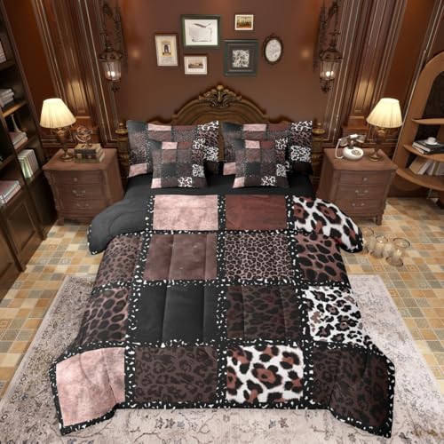 Brown Leopard Print 7 Pieces Bedding Set Full Size,Animal Skin Texture Bed in a Bag,Patchwork Geometric Bed Set Includes Comforter,Sheet Set,Pillowcases & Pillow Covers,Farmhouse Bedroom Decor