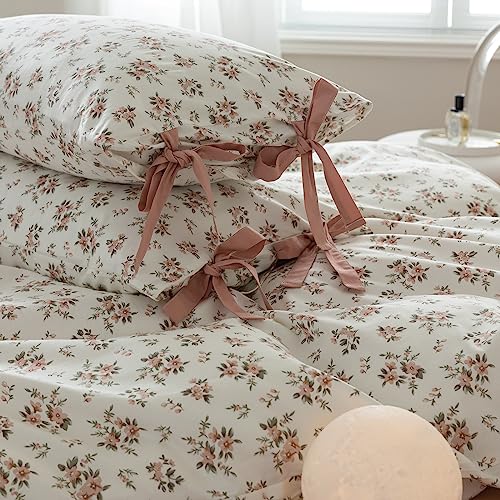 mixinni Soft Aesthetic Cotton Blush Flower Pattern 2 Piece King Size Bow Tie Pillow Cases 20 x 36 Inches Set of 2