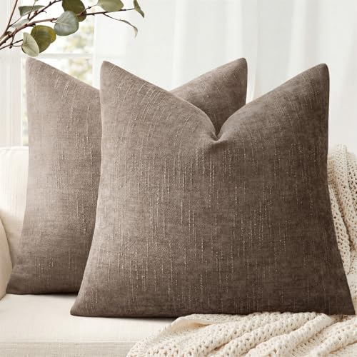 ANRODUO Euro Decorative Textured Pillow Covers 24x24 Taupe Grey Pack of 2 - Soft Square Accent Solid Chenille Cushion Cover, Cozy Farmhouse Pillow Case for Couch Sofa Bed Living Room, Summer Decor