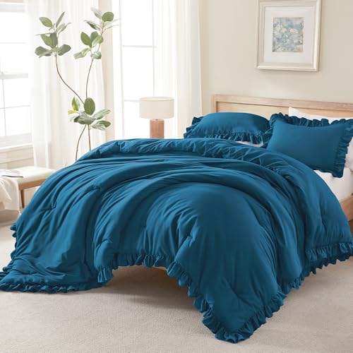 Andency Teal King Size Comforter Set, 3 Pieces Solid Farmhouse Bedding - Shabby Chic All-Season Western Rustic Soft Down Alternative Bed Set for Adults